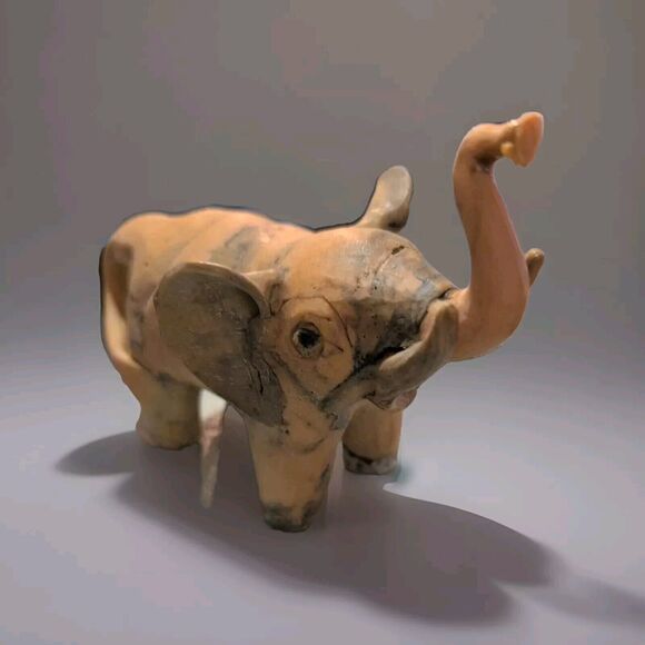 Vintage Hand Crafted Crushed Oyster Shell Marbled Elephant Raised Trunk Figurine - Picture 1 of 4